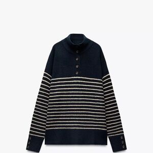 Zara Women’s Navy and White Striped Zip-Up Sweater